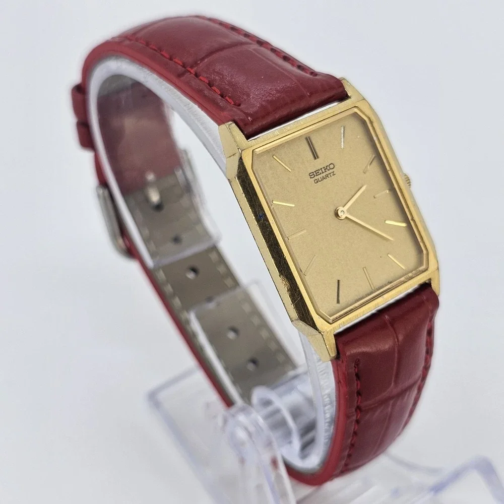 VTG Seiko Tank Women Watch 26MM Gold Dial NEW Red Leather Bands NEW Battery
